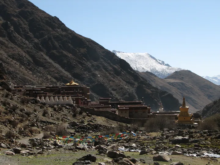 Tsurphu Monastery buildings and a golden stupa set against a snow-capped mountain, with prayer flags strung across the valley floor