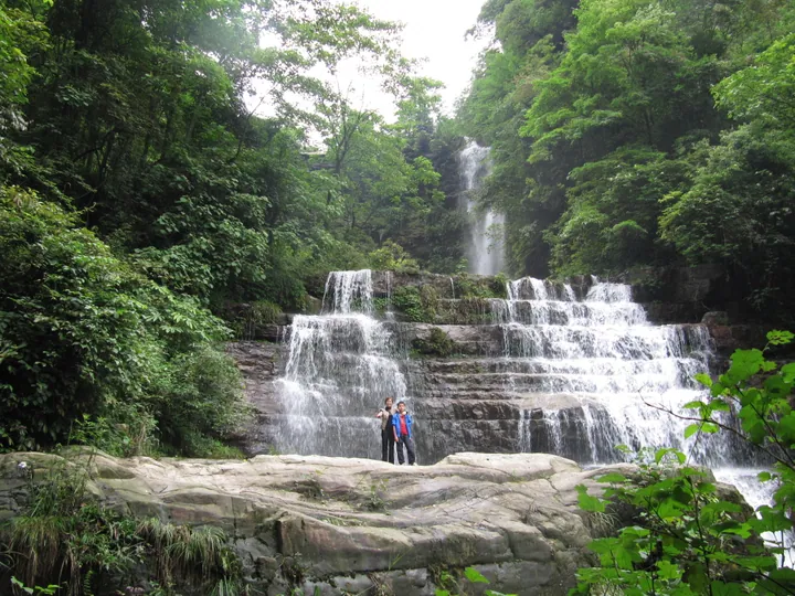 Multi-tiered waterfall cascading down rock steps surrounded by dense forest