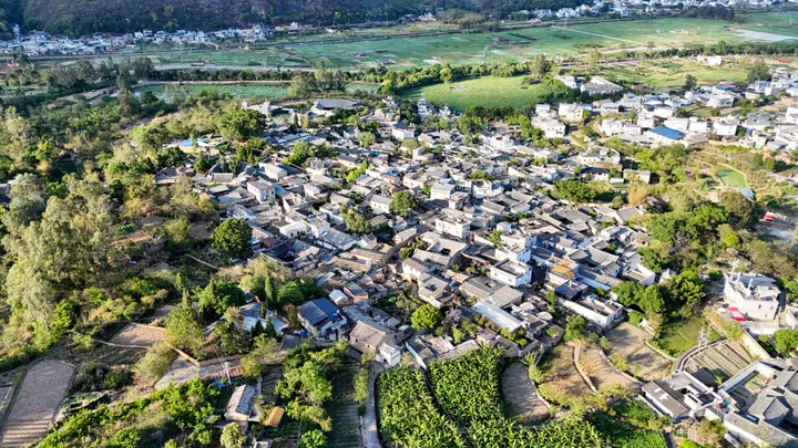 Aerial view of a cluster of grey-tiled traditional houses surrounded by farmland