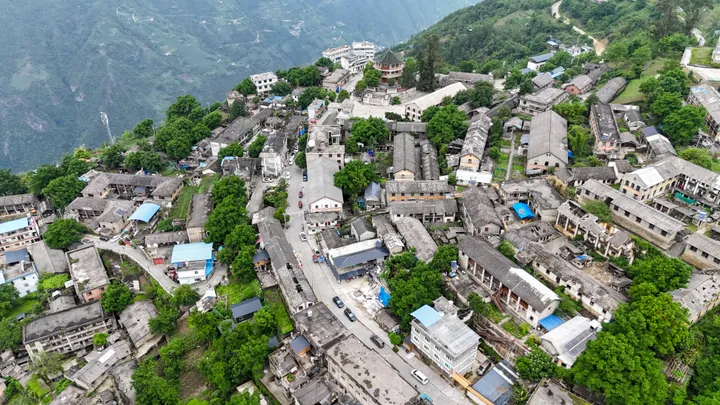 Aerial view of the abandoned hillside town of Zhiziluo