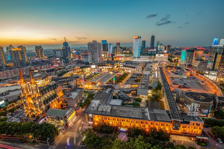 Aerial dusk view of Tianyi Square and the surrounding Ningbo skyline