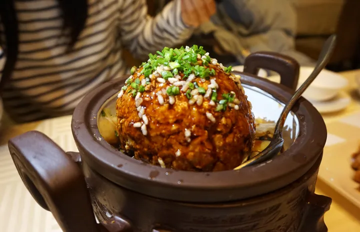 Large braised lion's-head meatball garnished with scallions in a clay pot