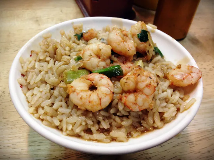 A bowl of Tainan shrimp rice with rice and shrimp