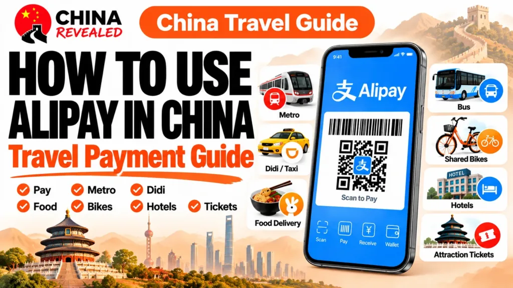 How to use Alipay in China – China Revealed travel payment guide showing QR code payments for metro, buses, Didi taxis, shared bikes, food delivery, hotels, and attraction tickets.