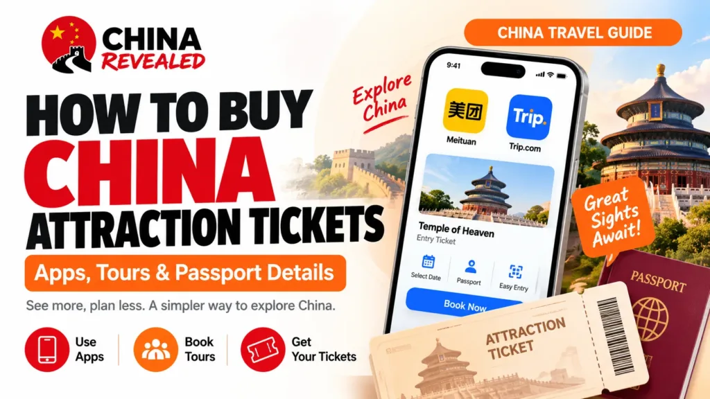 How to buy attraction tickets in China – China Revealed travel guide showing how foreigners can book tourist attractions and tours using Trip.com and Meituan, including passport requirements and online ticket reservations.
