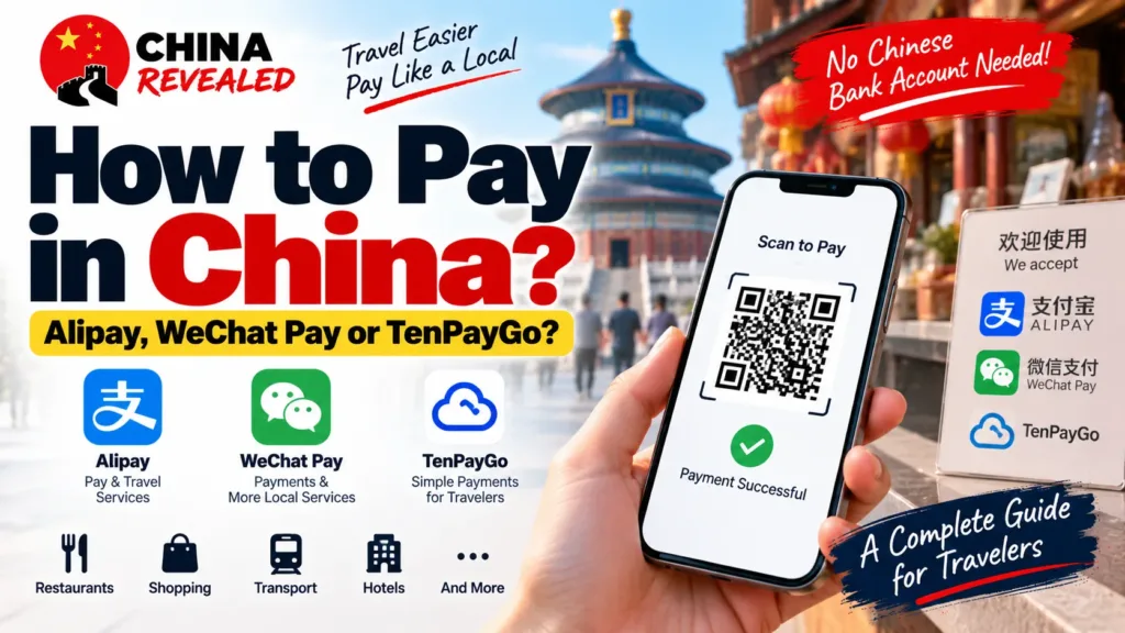 How to pay in China as a tourist – China Revealed travel payment guide comparing Alipay, WeChat Pay and TenPayGo for QR code payments at restaurants, shops, hotels and public transport without a Chinese bank account.