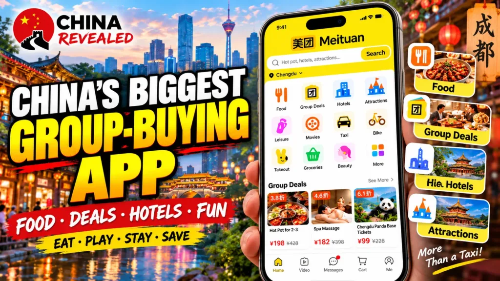 How to use Meituan in China – China Revealed travel guide showing food delivery, restaurant group-buying deals, hotel bookings, attraction tickets, and local activities for travelers.