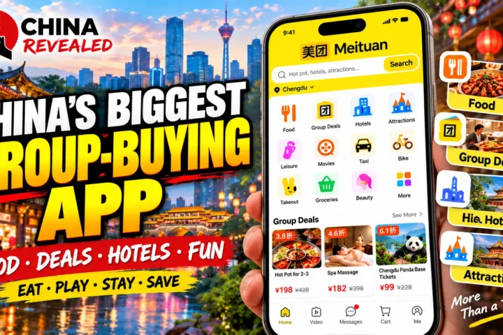 How to use Meituan in China – China Revealed travel guide showing food delivery, restaurant group-buying deals, hotel bookings, attraction tickets, and local activities for travelers.