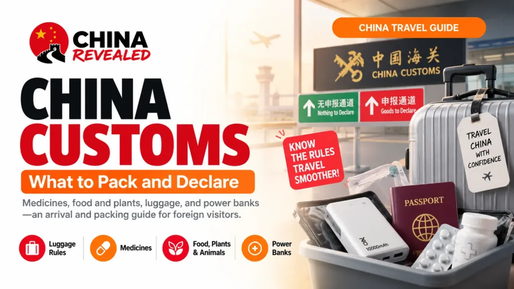 China customs rules for foreign travelers – China Revealed travel guide covering what to pack and declare, including luggage, medicines, food, plants, animals, power banks, and airport customs procedures.