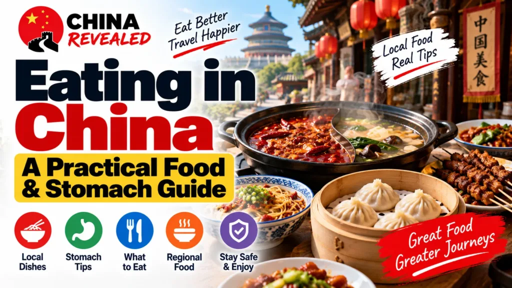 Eating in China – China Revealed food and stomach guide featuring Chinese hot pot, dumplings, noodles, and local dishes, with practical tips on regional cuisine, food safety, and avoiding stomach problems while traveling.