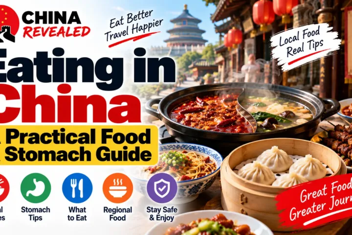 Eating in China – China Revealed food and stomach guide featuring Chinese hot pot, dumplings, noodles, and local dishes, with practical tips on regional cuisine, food safety, and avoiding stomach problems while traveling.