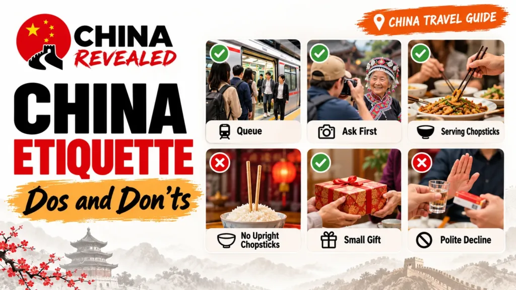 China etiquette dos and don'ts – China Revealed travel guide covering queuing for public transport, asking permission before taking photos, Chinese dining and chopstick etiquette, gift-giving customs, and respectful behavior for tourists.