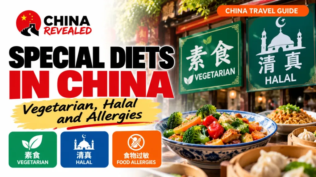 Special diets in China – China Revealed travel guide covering vegetarian and halal food, Chinese restaurant signs, food allergies, and dietary restrictions for travelers visiting China.