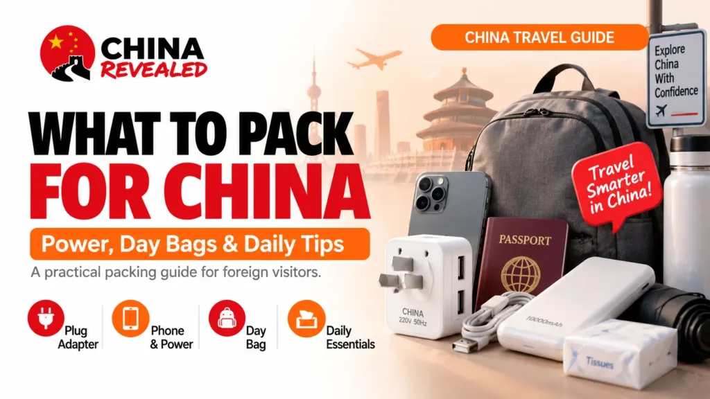 What to pack for China – China Revealed travel packing guide covering essential items for foreign visitors, including power adapters, mobile phones, power banks, passports, day bags, and daily travel essentials.
