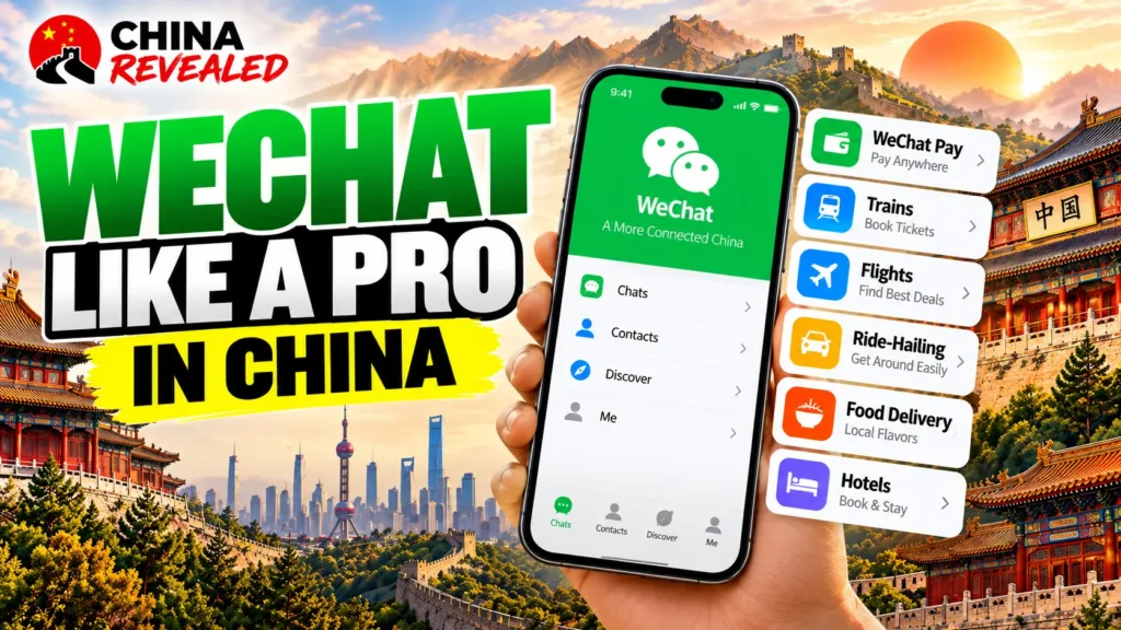 How to use WeChat in China – China Revealed travel guide showing WeChat Pay, train and flight bookings, ride-hailing, food delivery, and hotel reservations for travelers.