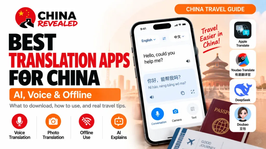 Best translation apps for China travel – China Revealed guide featuring Apple Translate, Youdao Translate, DeepSeek, and Doubao for English-Chinese voice translation, photo translation, offline use, and AI assistance.