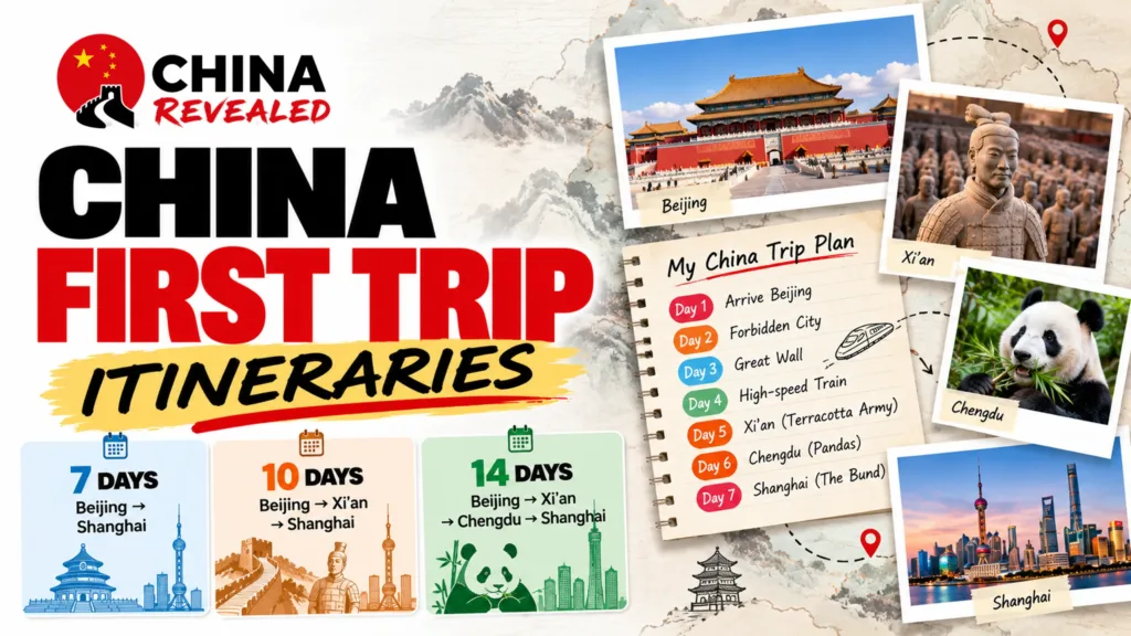 China first trip itineraries – China Revealed travel guide featuring 7, 10 and 14-day routes through Beijing, Xi'an, Chengdu and Shanghai, including the Great Wall, Forbidden City, Terracotta Army and giant pandas.