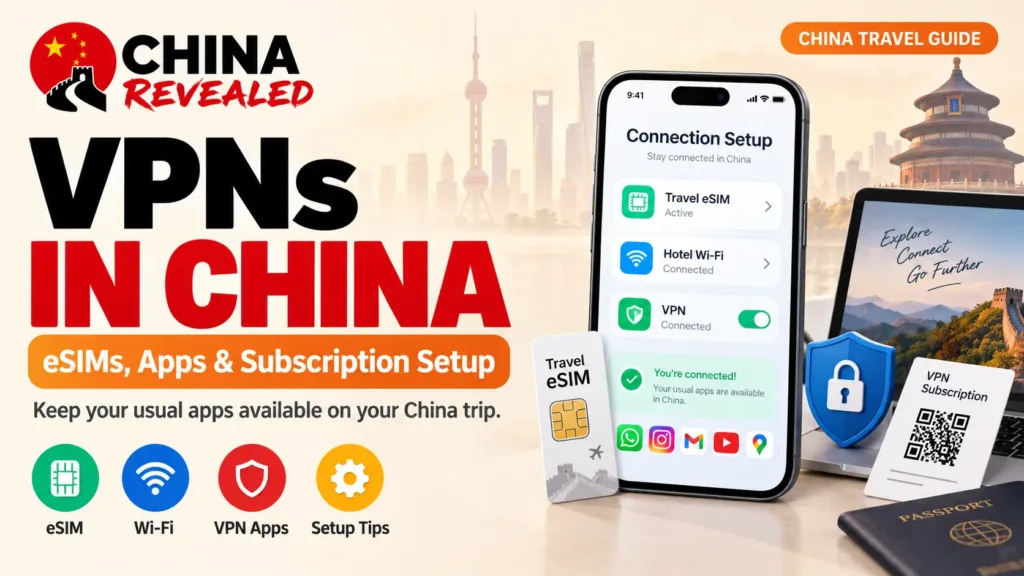VPNs in China – China Revealed travel guide covering VPN apps, travel eSIMs, hotel Wi-Fi, subscription setup, and how to access WhatsApp, Instagram, Gmail, YouTube, and Google Maps while traveling in China.