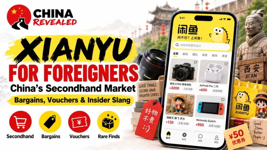 How to use Xianyu (Idle Fish) in China – China Revealed travel guide for foreigners showing how to buy secondhand items, find bargains, use vouchers, shop for used electronics, and understand Chinese marketplace slang.