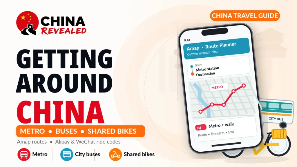 Getting around China – China Revealed travel guide covering metro systems, city buses, shared bikes, Amap route planning, and using Alipay or WeChat Pay transit codes for public transportation.