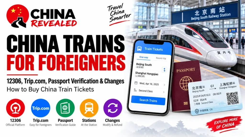 China train travel guide for foreigners – China Revealed guide to booking high-speed train tickets with 12306 and Trip.com, passport verification, railway stations, ticket changes, and refunds.