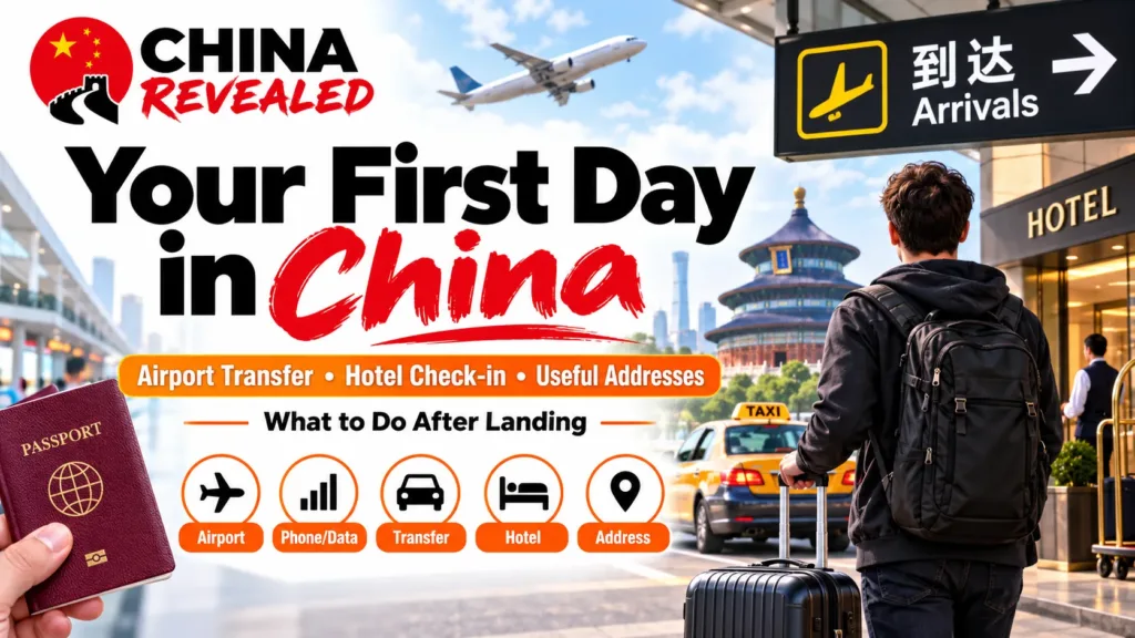 Your First Day in China – China Revealed travel guide covering airport arrivals, SIM cards and mobile data, airport transfers, hotel check-in, and useful Chinese addresses.