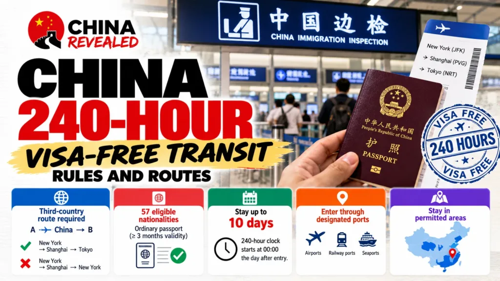China 240-hour visa-free transit guide – China Revealed infographic explaining eligible nationalities, third-country travel requirements, designated entry ports, permitted travel areas, and the 10-day visa-free stay rules.