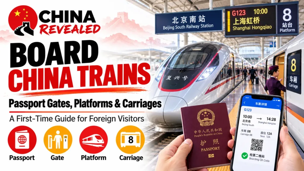 How to board high-speed trains in China – China Revealed step-by-step guide for foreign travelers covering passport checks, boarding gates, railway platforms, carriage numbers, and train tickets at Beijing South Railway Station.