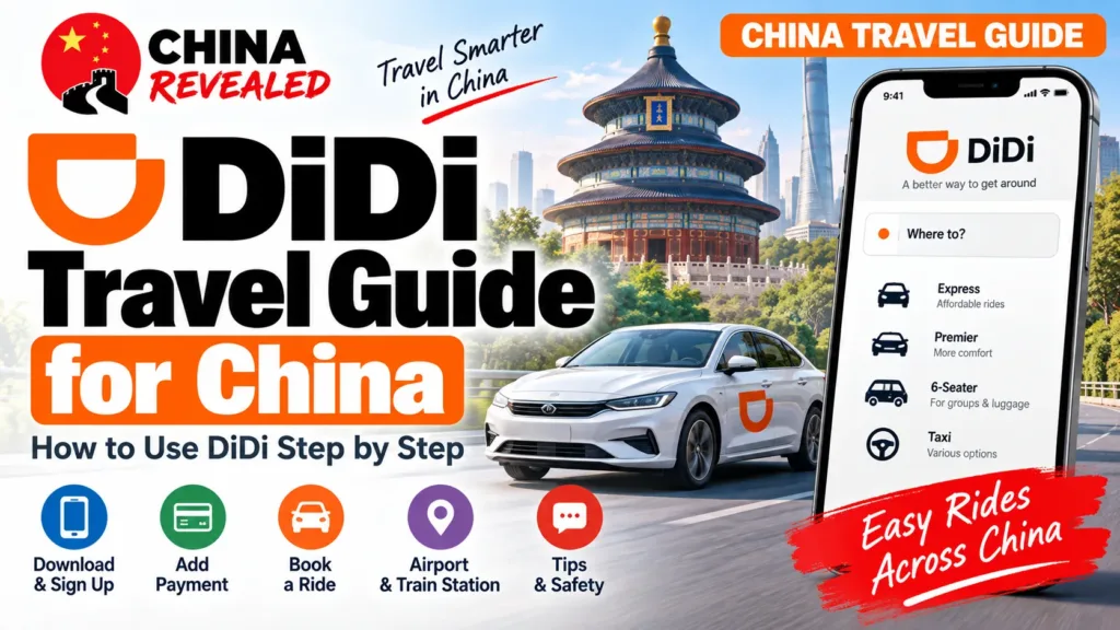 How to use DiDi in China – China Revealed travel guide showing how to download DiDi, add payment methods, book rides, arrange airport and train station pickups, and travel safely.