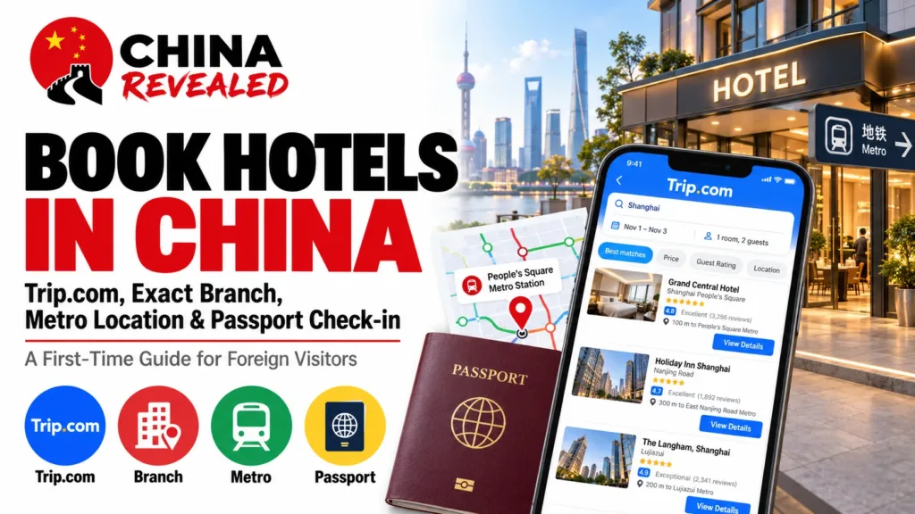 How to book hotels in China – China Revealed travel guide showing how foreigners can use Trip.com to find hotels, choose the correct hotel branch, check nearby metro stations, and complete hotel check-in with a passport.