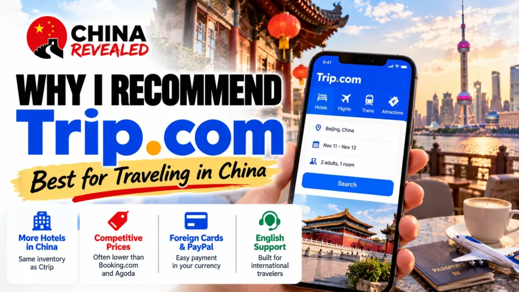 Why I recommend Trip.com for China travel – China Revealed guide highlighting hotel bookings, flights, high-speed train tickets, attractions, competitive prices, international card and PayPal payments, and English-language customer support.