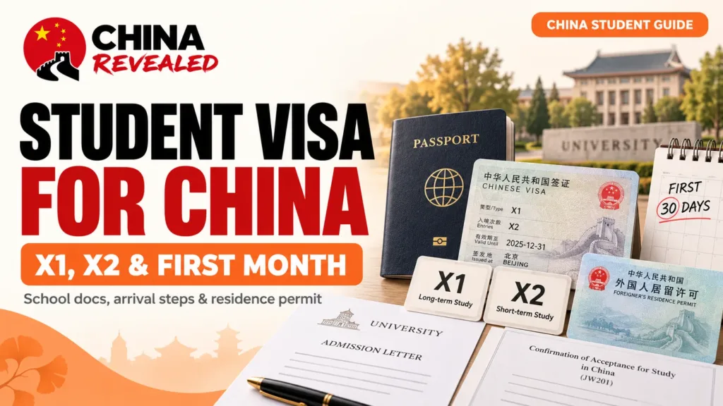 China student visa guide for international students – China Revealed guide covering X1 and X2 study visas, university admission documents, JW201 forms, residence permits, and essential steps during the first 30 days in China.