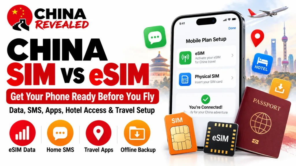 China SIM vs eSIM travel guide – China Revealed comparison of physical SIM cards and eSIMs, covering mobile data, SMS, travel apps, connectivity and phone setup before visiting China.
