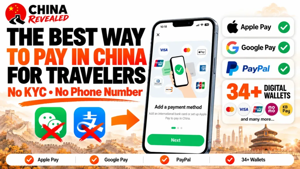 TenPayGo China travel payment guide showing how travelers can pay in China using Apple Pay, Google Pay, PayPal, and 34+ digital wallets without WeChat Pay or Alipay.
