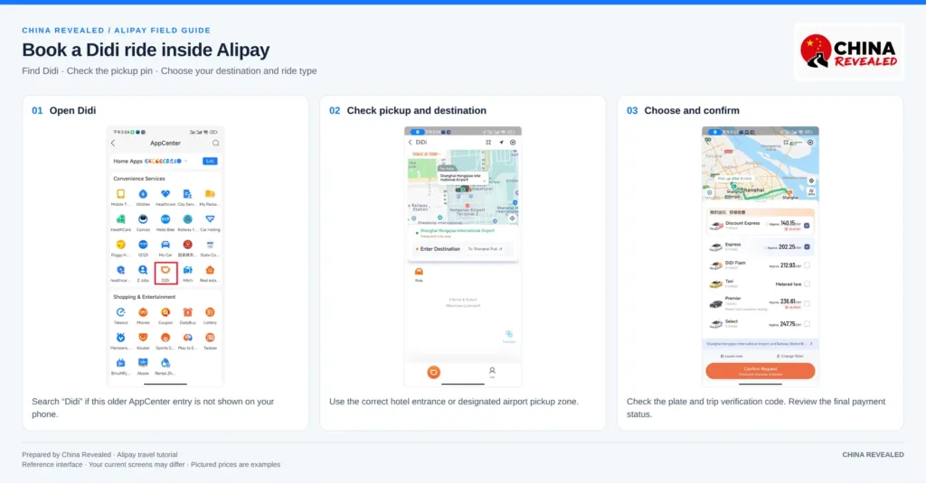 Book a Didi ride in Alipay: open Didi, set the pickup point and destination, then choose a ride type