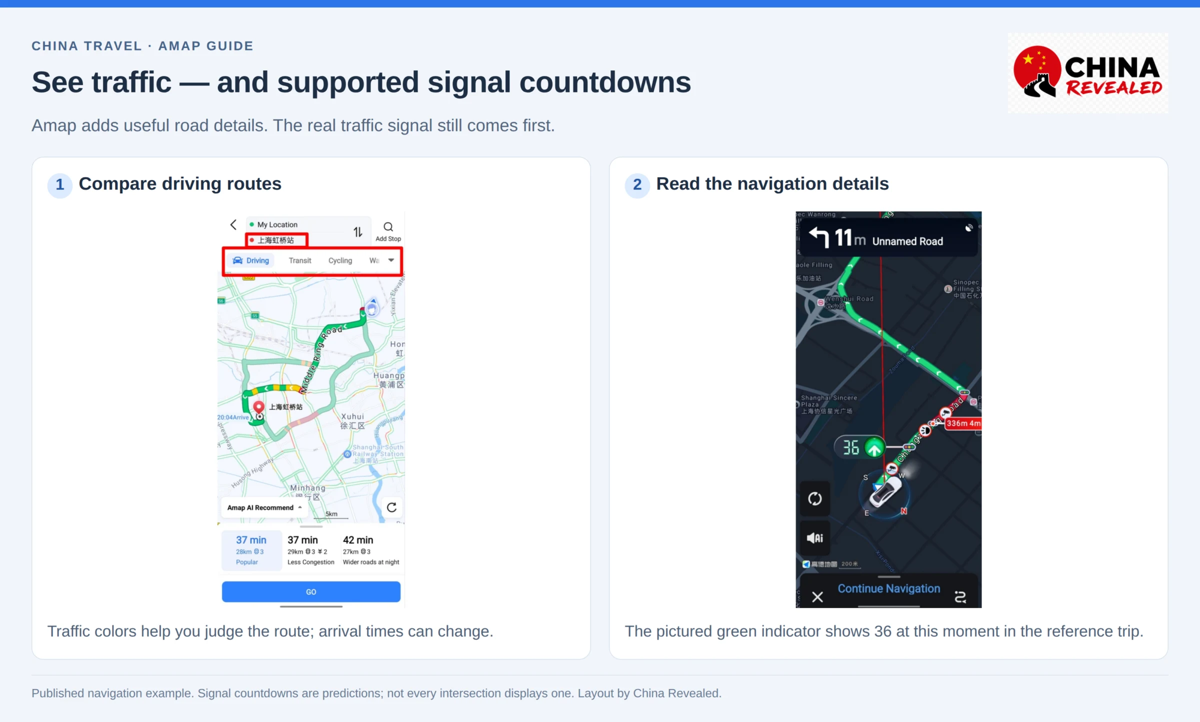 Amap driving navigation: alternative routes with live traffic and a traffic-light countdown showing 36
