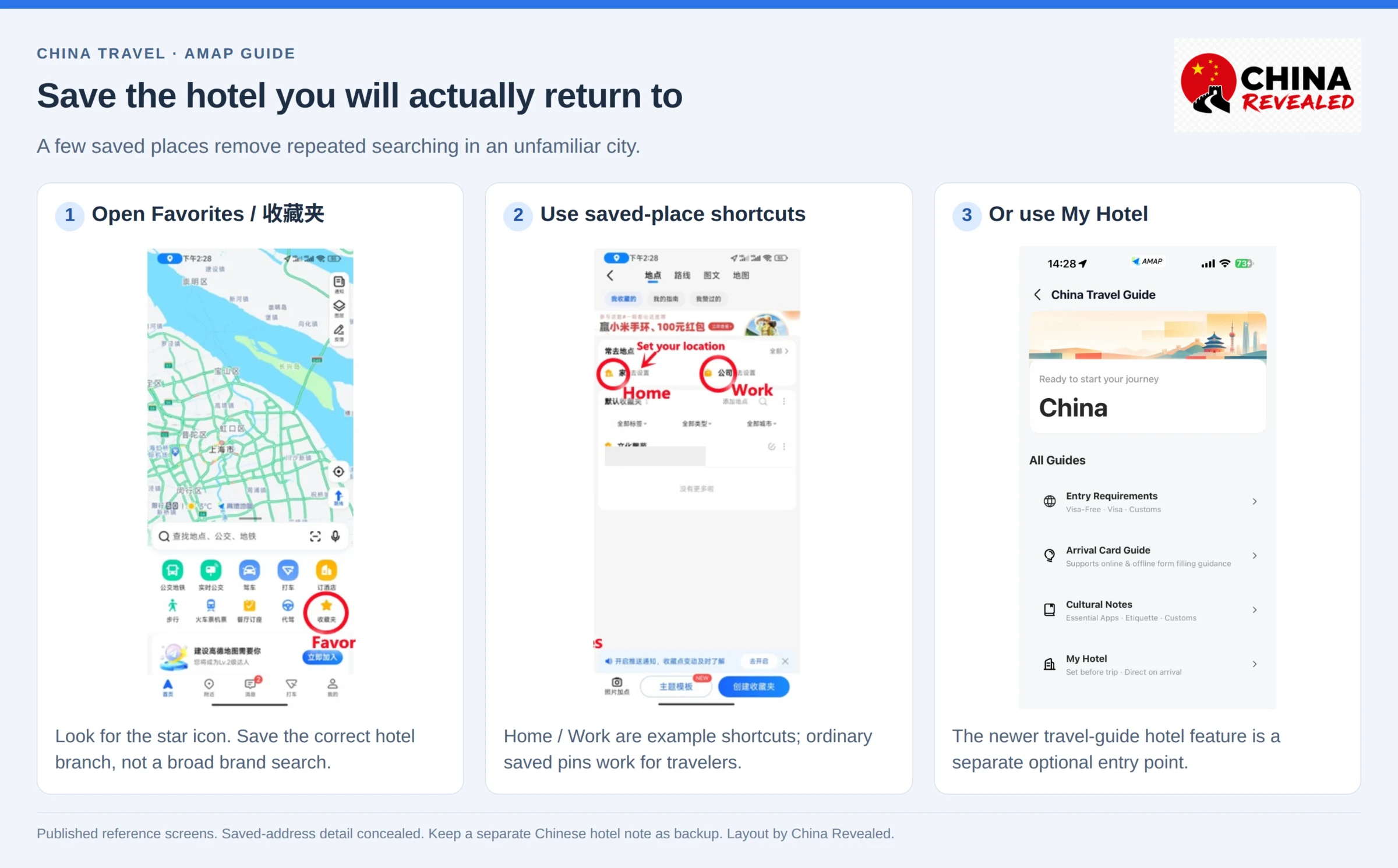 Save your hotel in Amap: the Favorites star, Home and Work shortcuts and the My Hotel entry