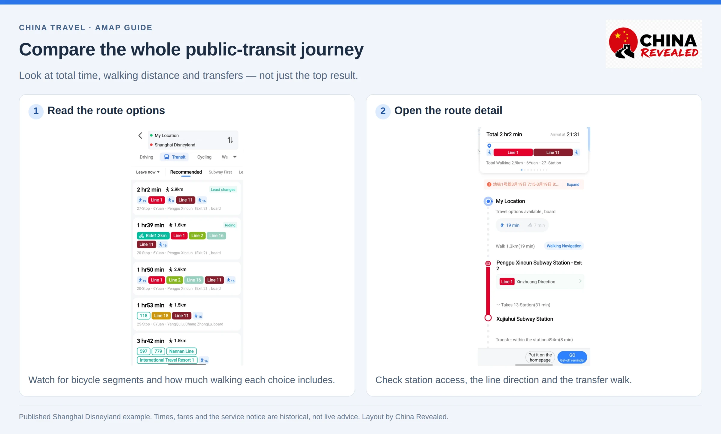 Amap subway route in English: compared transit options and route detail with line direction and exit