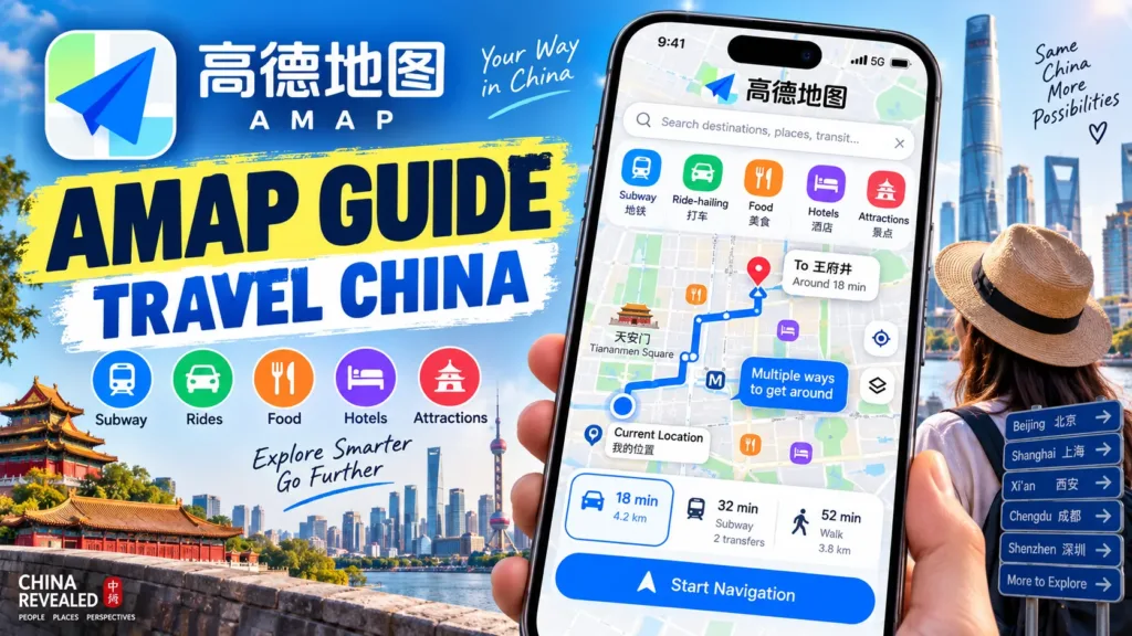 How to use Amap (Gaode Maps) in China – China Revealed travel guide showing subway routes, driving and walking navigation, ride-hailing, restaurants, hotels, and tourist attractions.