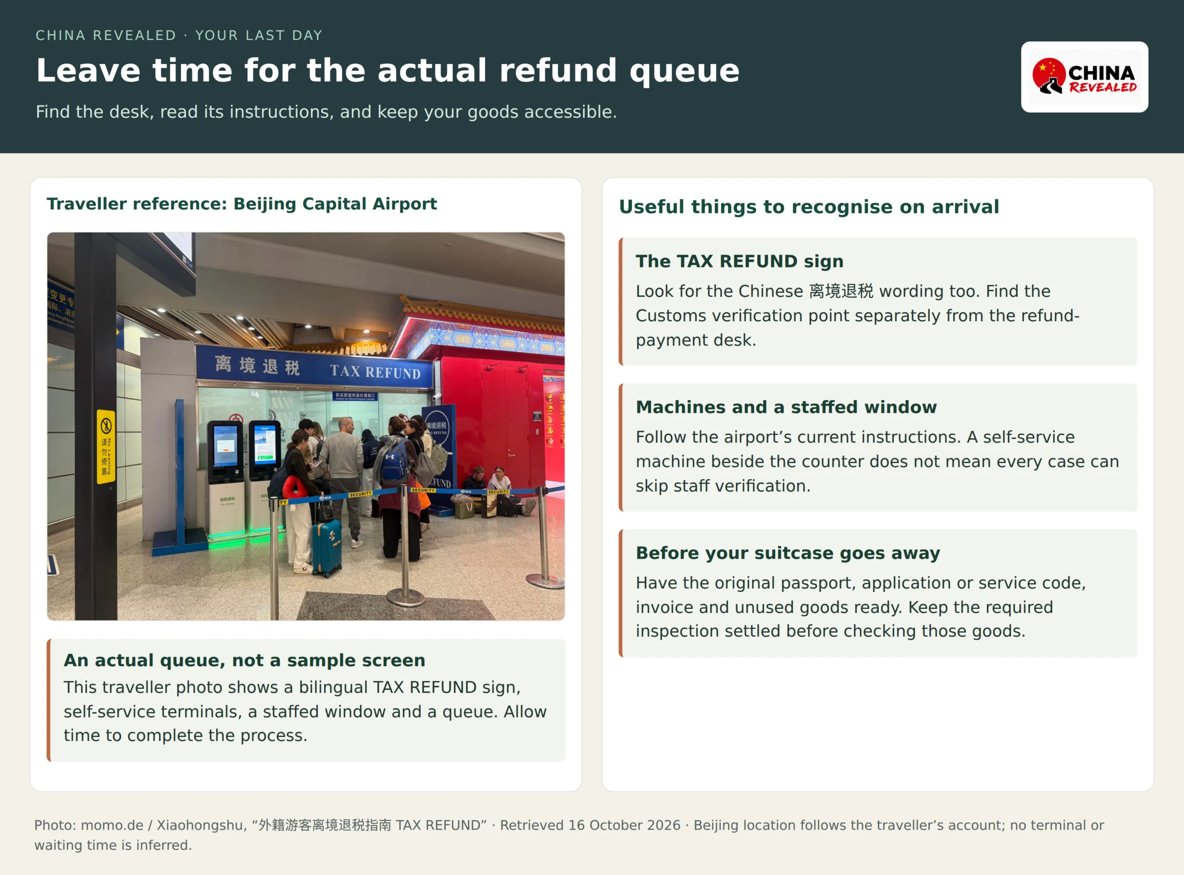 Real traveller photograph from Beijing Capital Airport showing a bilingual Tax Refund counter sign, self-service terminals, a staffed window and queuing travellers, with a checklist for inspection access and refund records.