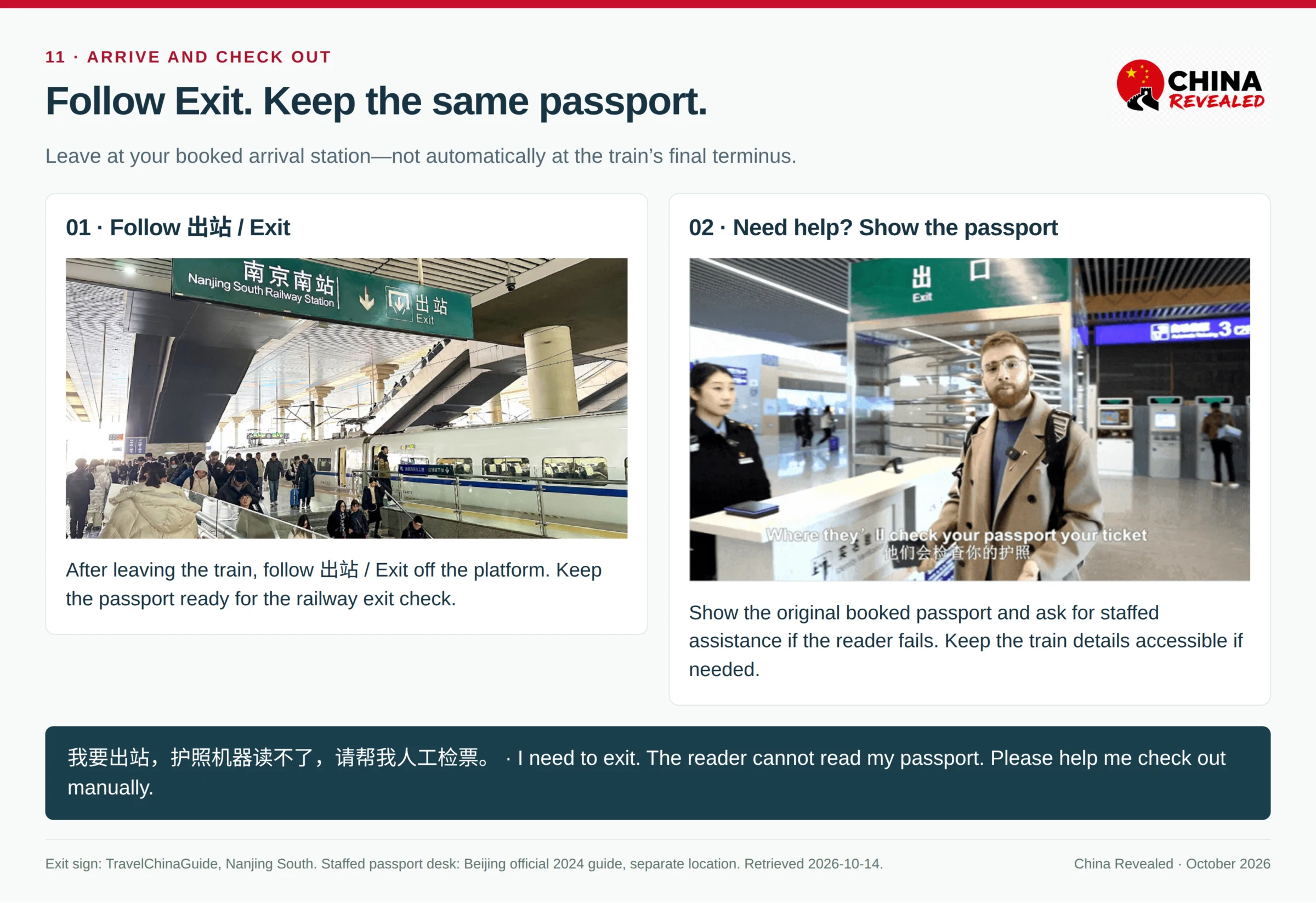 Real Nanjing South platform exit sign and a staffed passport-check desk from Beijing Chaoyang's official walkthrough, illustrating the exit direction and the kind of staff assistance to seek when a passport reader fails.