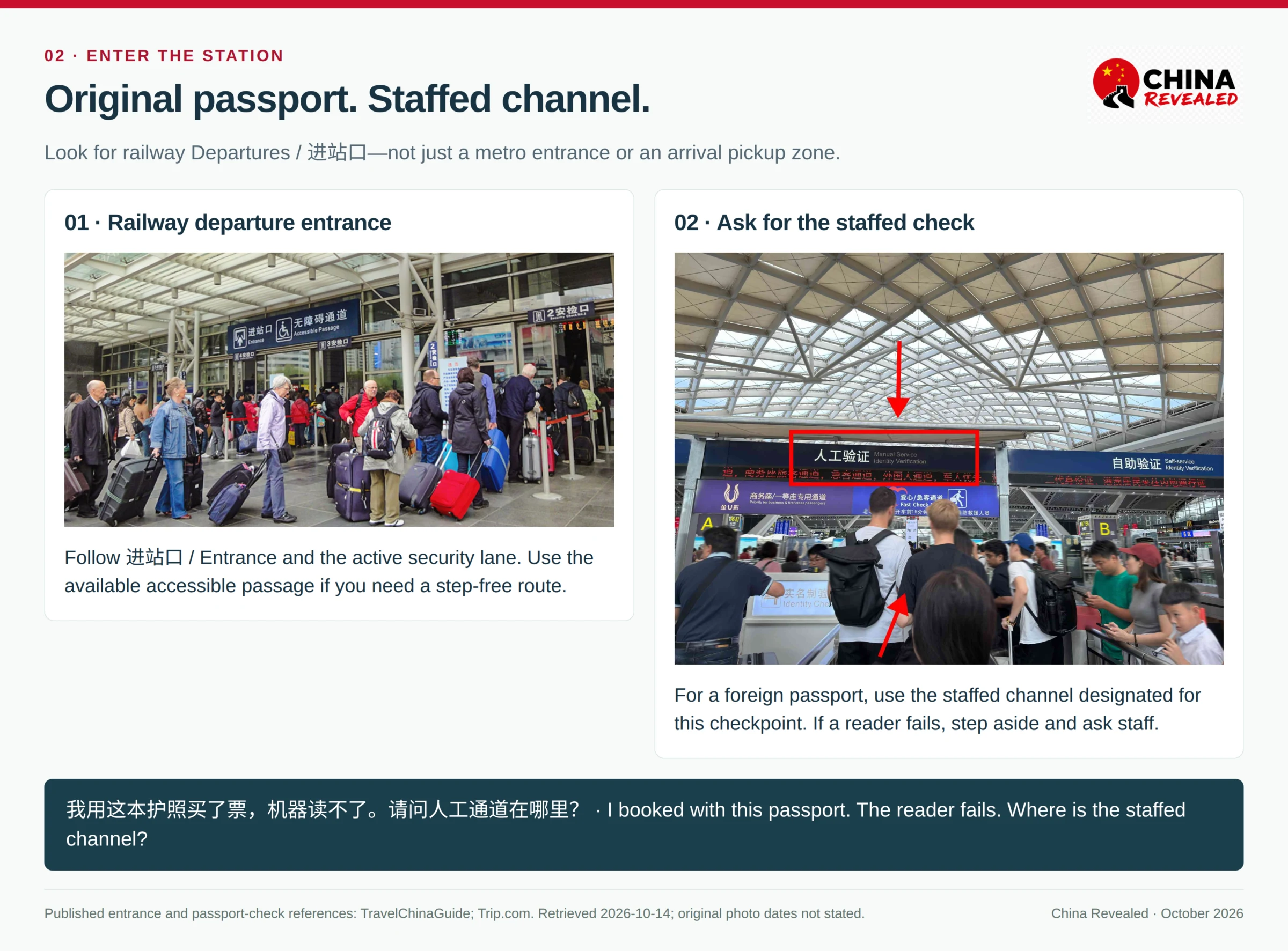 Real railway departure entrance and a published staffed checking lane, showing where to follow departure signs and seek manual assistance with the original booked passport.