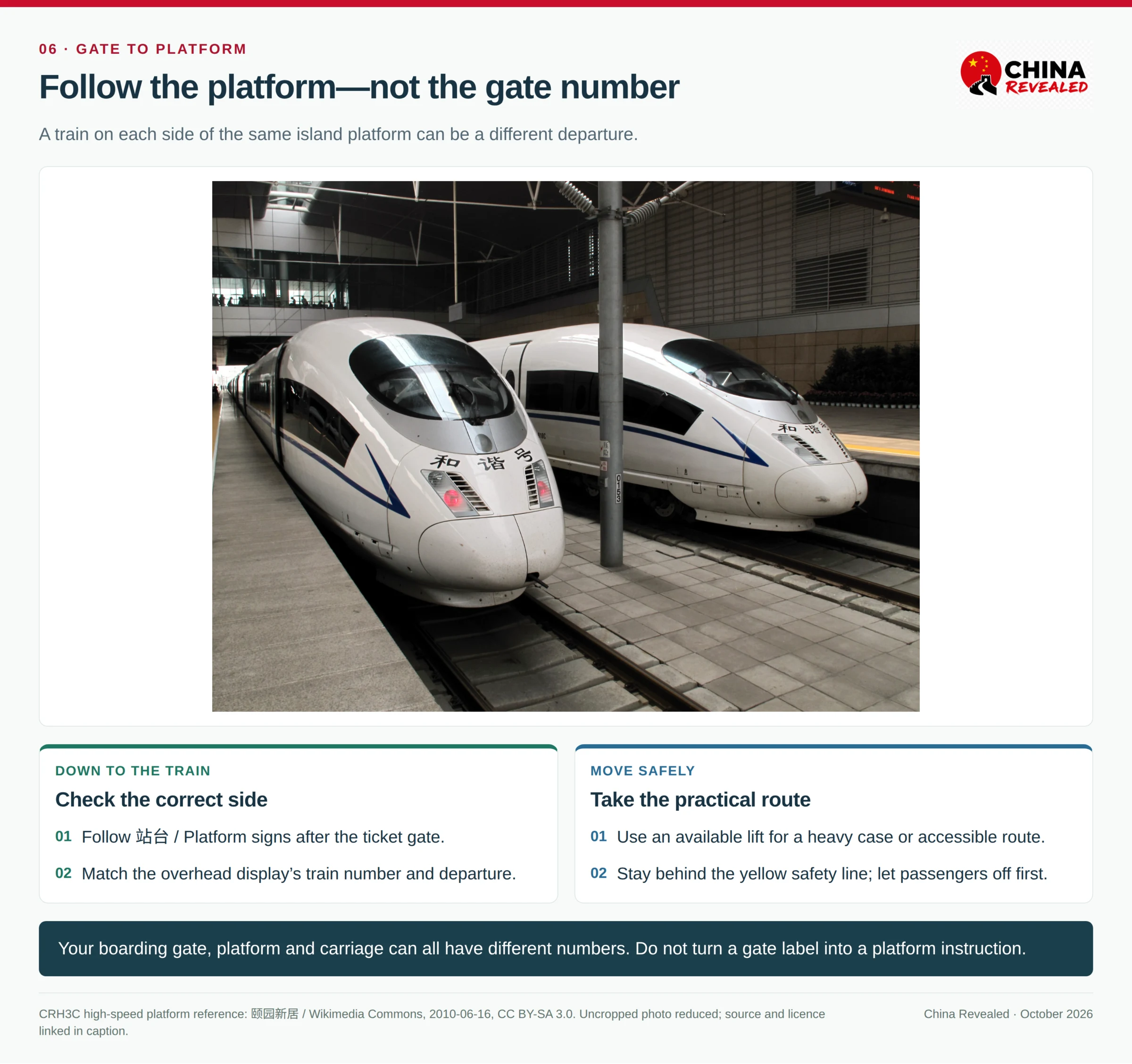Two real CRH3C high-speed trains on opposite sides of a shared platform, illustrating why passengers must check the correct train and platform side before boarding.