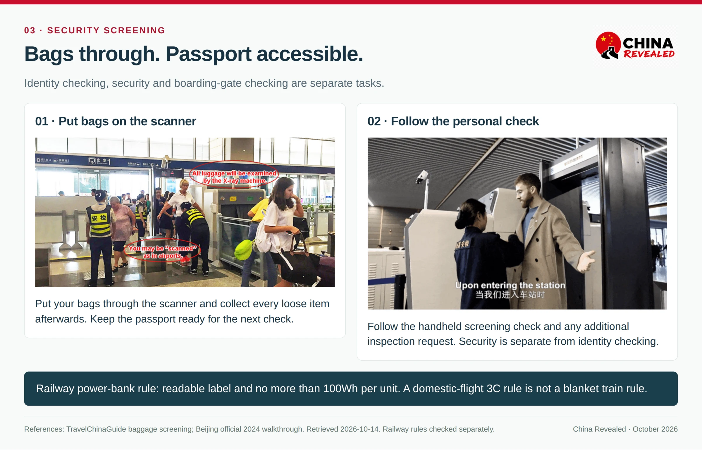 Real railway baggage-scanner scene and a passenger being checked with a handheld screening device, illustrating the separate luggage and personal security checks before entering the waiting hall.