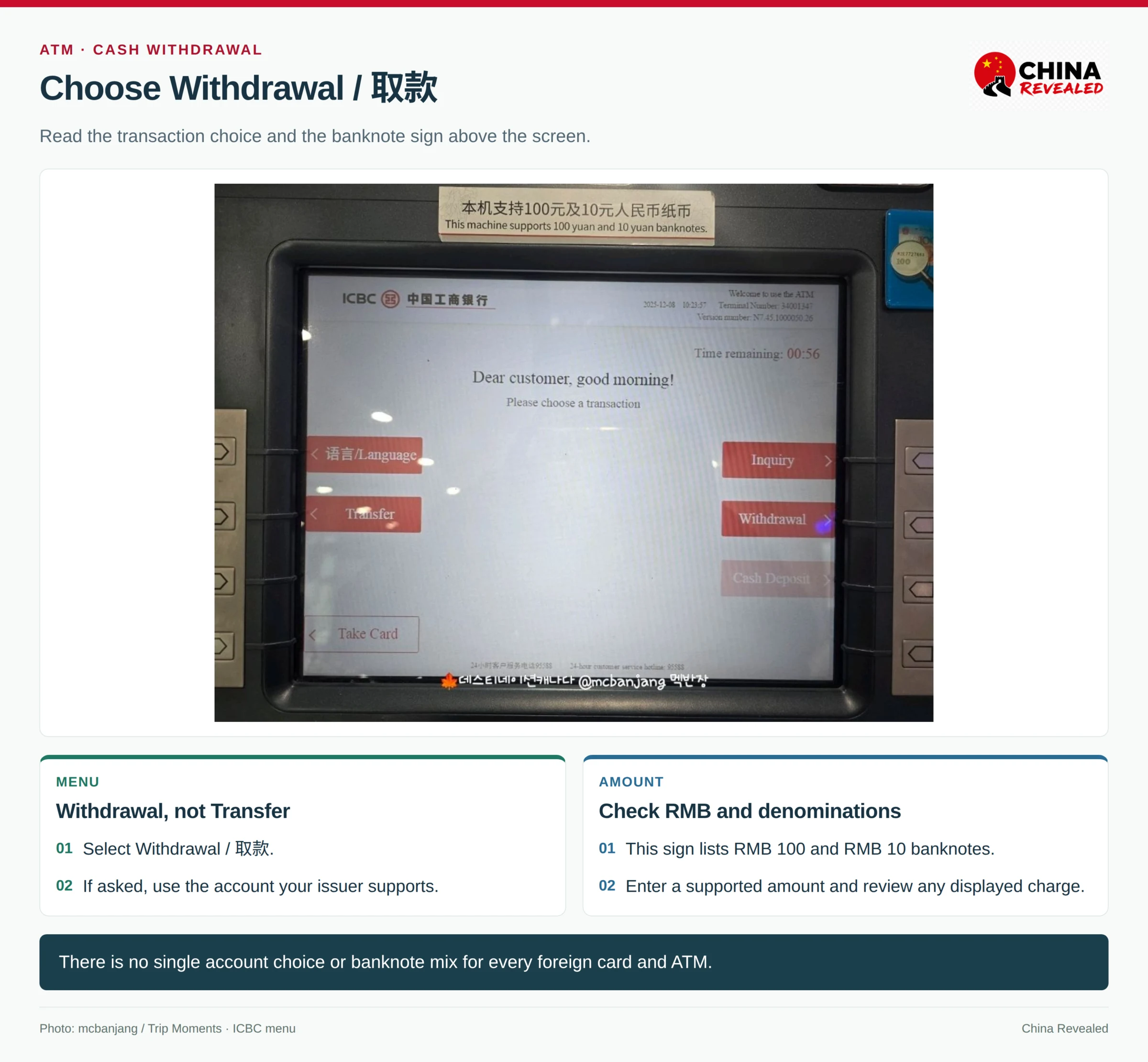 ICBC ATM Withdrawal button and the sign listing supported banknote denominations at Dalian airport