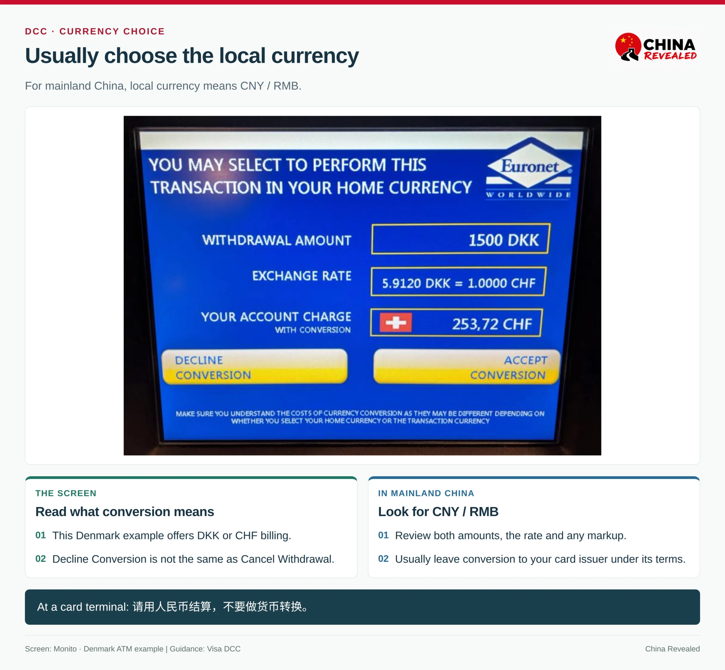 Real ATM DCC screen in Denmark showing local Danish krone versus Swiss franc billing and a decline conversion option