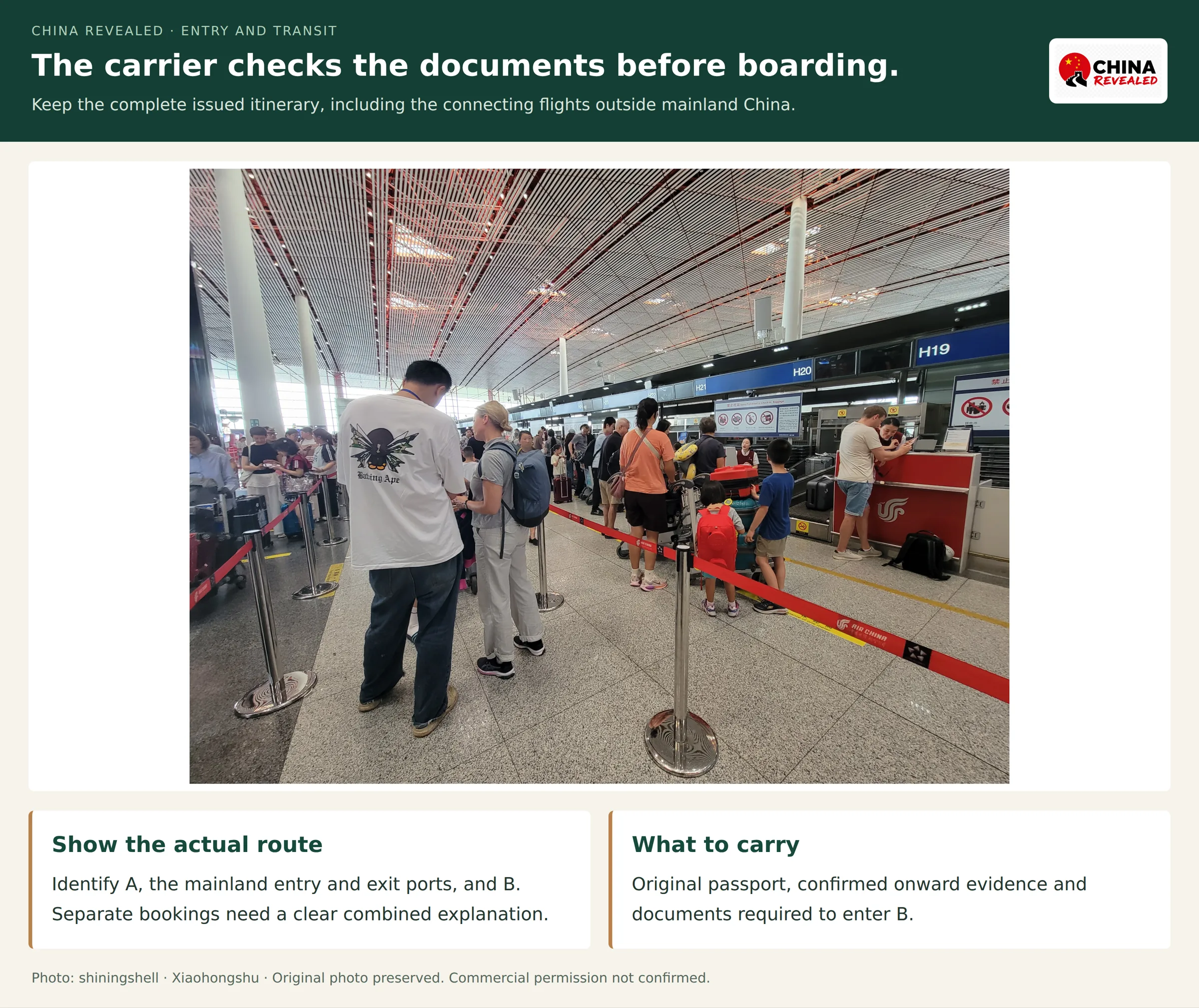 Real Air China airport check-in counters and passenger queue beside a checklist for complete onward itineraries and destination-entry documents.