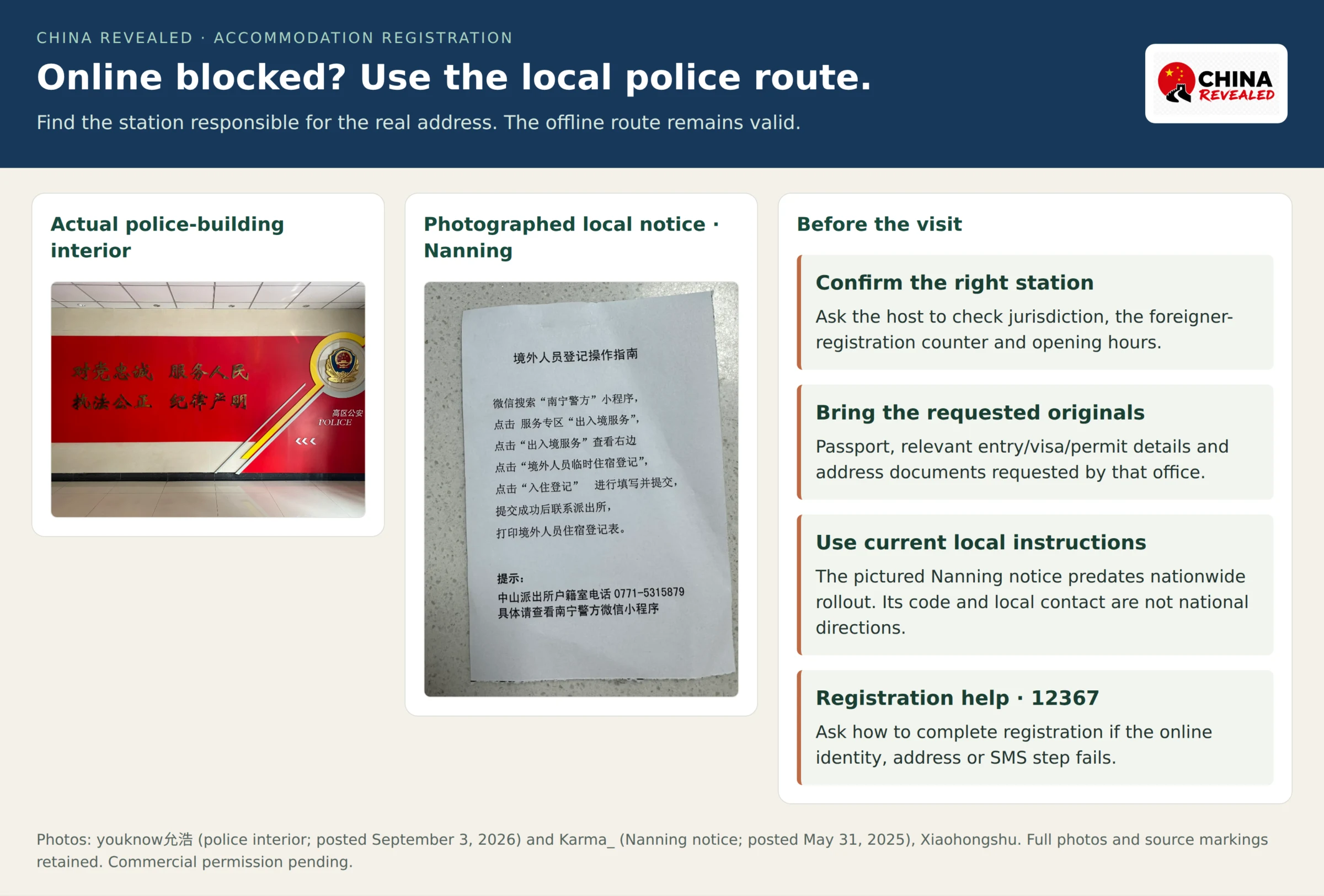 Real Chinese police-service interior and a photographed Nanning overseas-personnel registration notice, beside advice to find the police station responsible for the actual address.