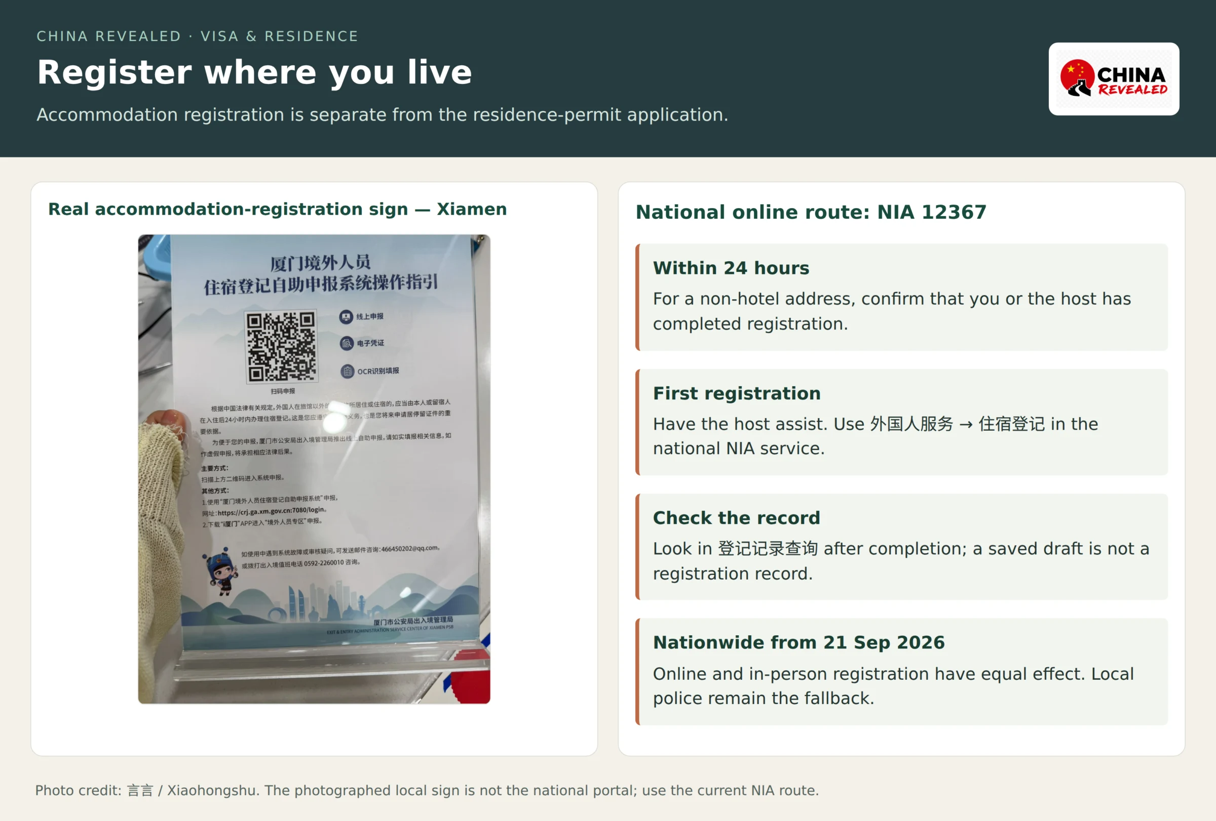Real Xiamen accommodation-registration sign alongside instructions to register within 24 hours and use the national NIA 12367 service with host assistance.