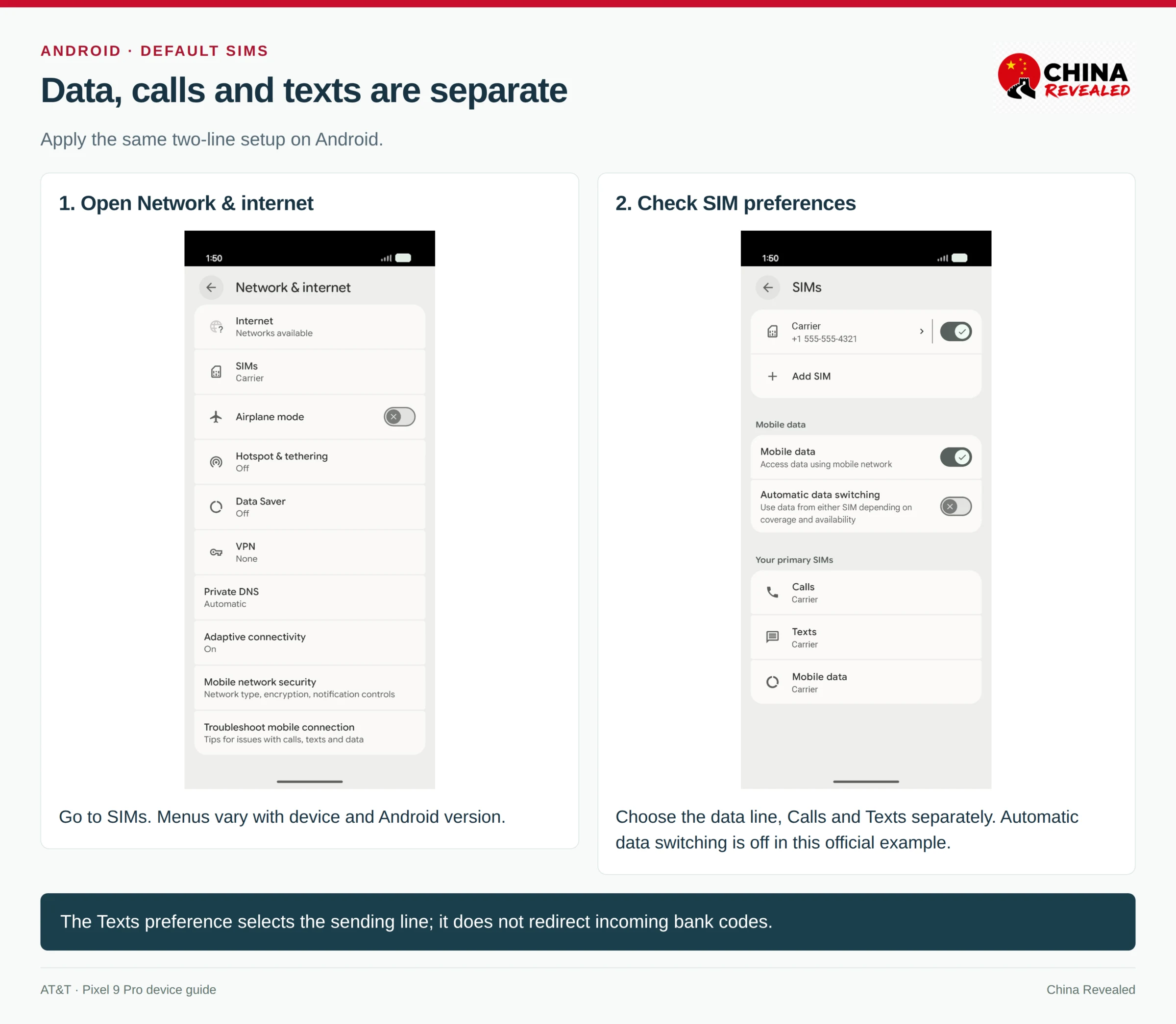 Pixel official SIM settings illustrating separate preferences for calls, texts and mobile data